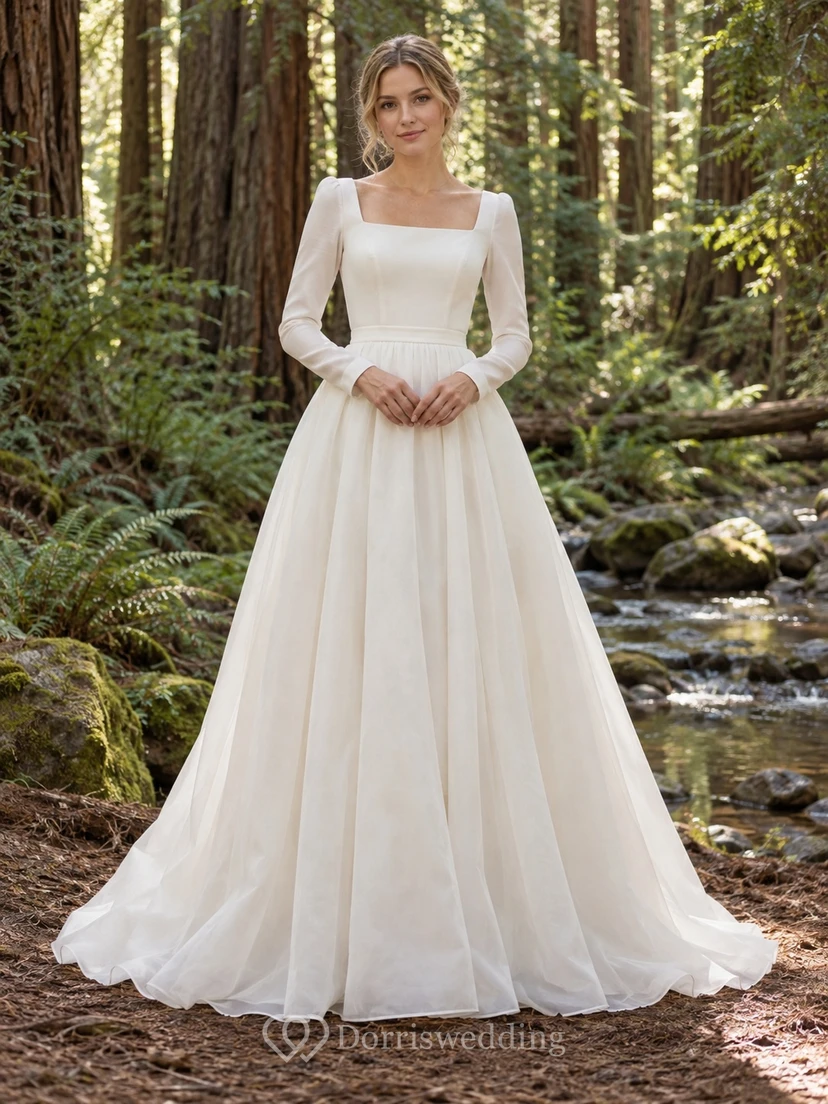 Vestido de novia sencillo de organza, corte en A, largo hasta el suelo, con mangas largas, escote cuadrado y botones.