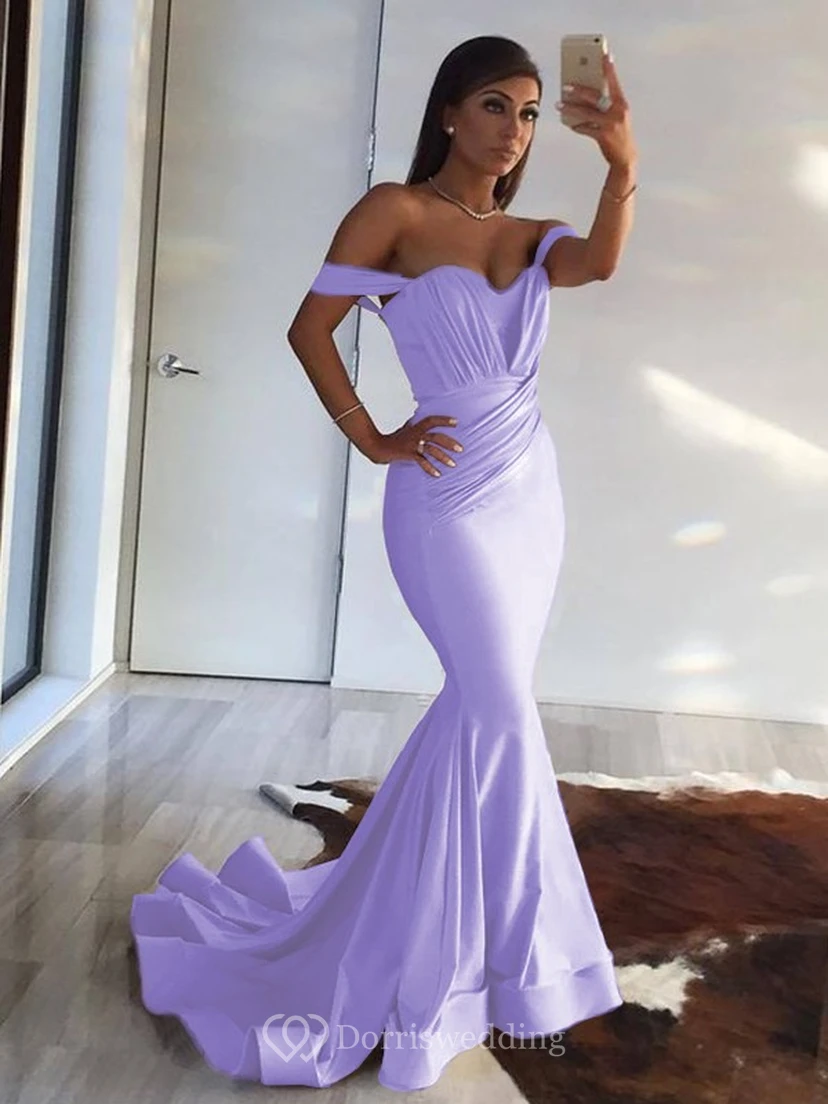 Sexy Mermaid Off-the-shoulder Sheath Champagne Ruched Evening Prom Dress view 10