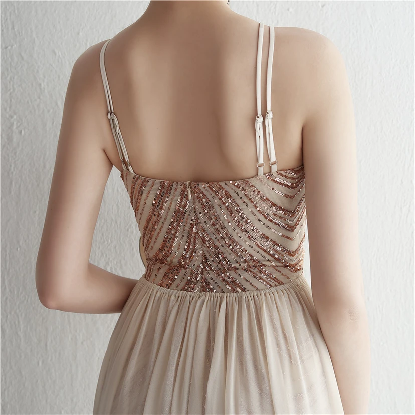 Paillettenbesetzter Chiffonrock mit Blumenmuster, handgefertigt mit Perlen und Neckholder-Ausschnitt, elegant und kühl, perfekt für festliche Anlässe. view 41