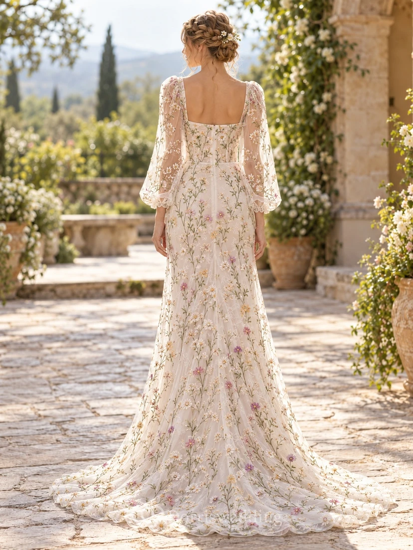 Boho Square Neck Bell Sleeve Floral Embroidered Sheath Wedding Dress view 2