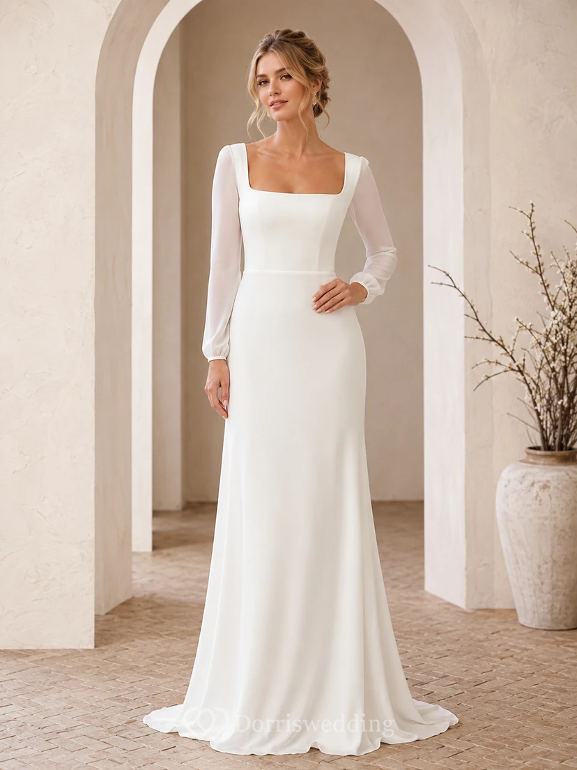 Minimal Square Neck Long Illusion Sleeve Sheath Sweep Train Modern Wedding Gown