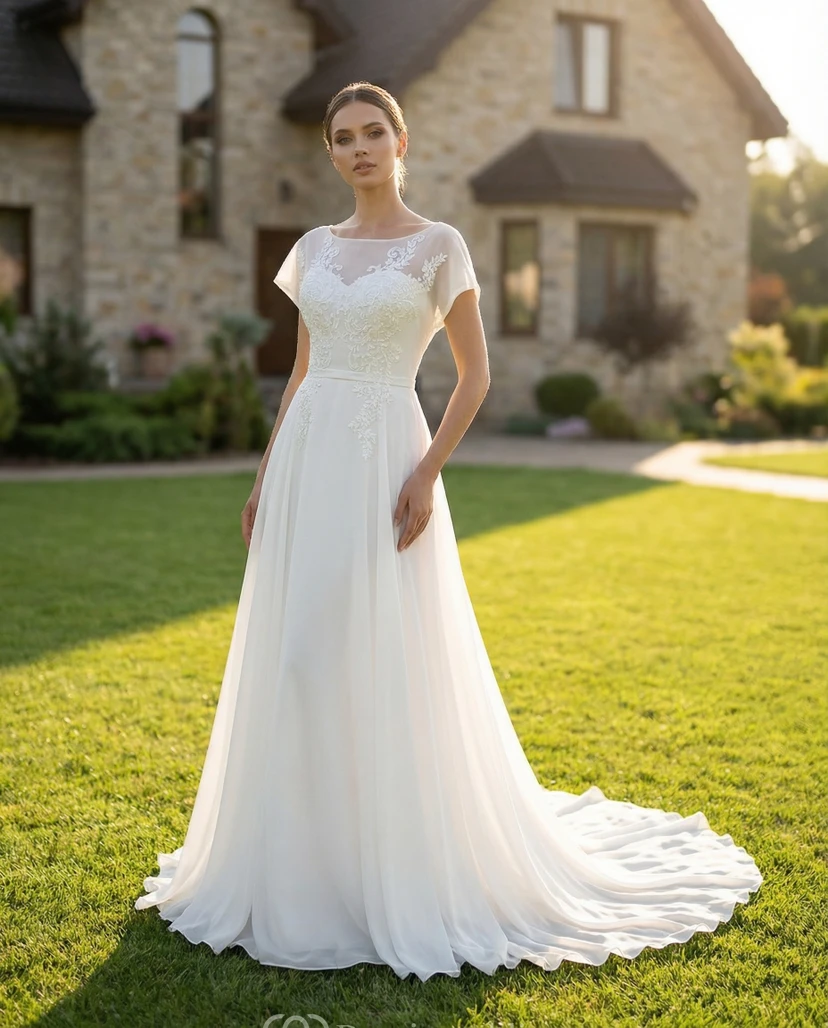 Cap Sleeve Chiffon A-Line Gown with Deep-V Back