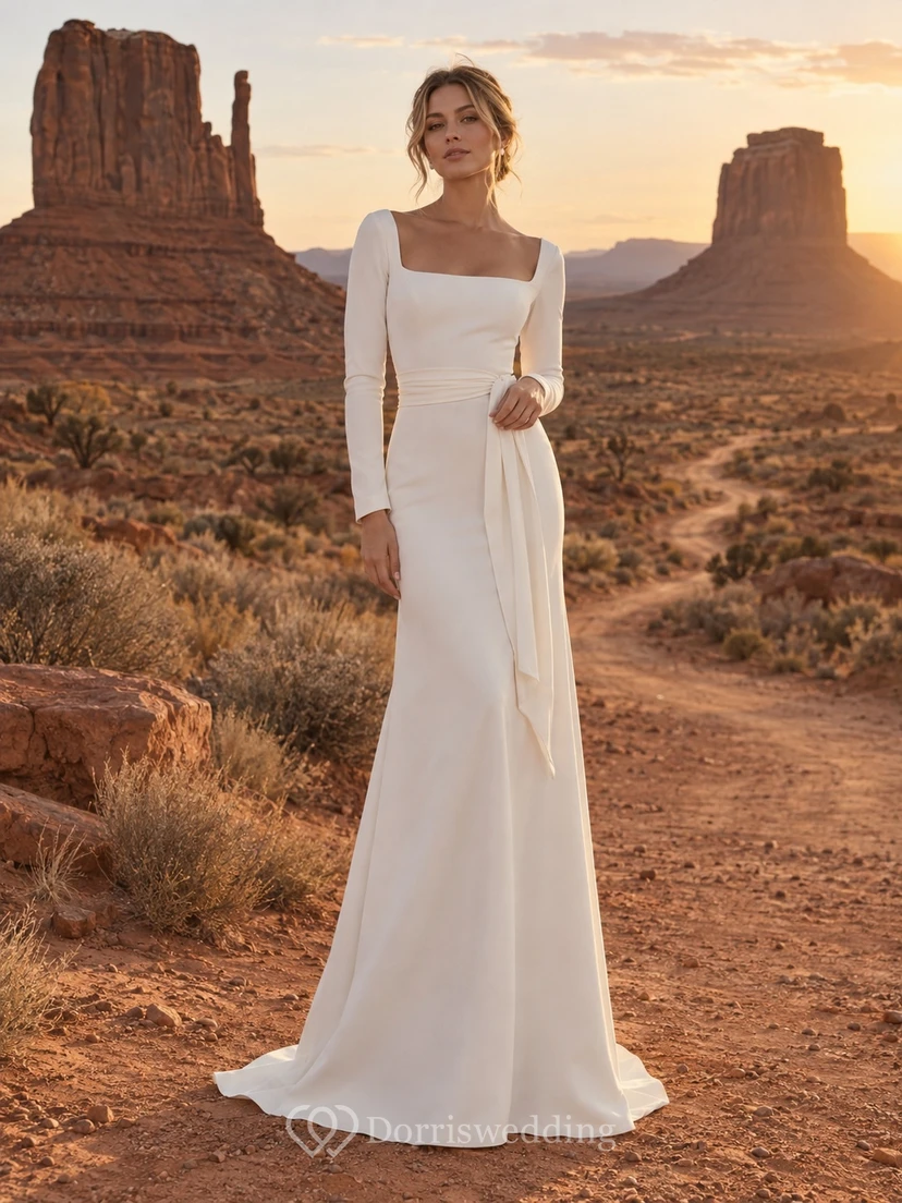 Einfaches, langärmeliges, eckiges Meerjungfrauen-Brautkleid aus Stretch-Crêpe mit Schärpe, boden