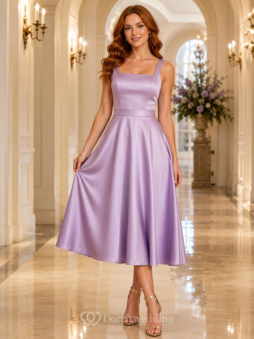 Lavender Square Neck Satin A Line Midi Guest Dress