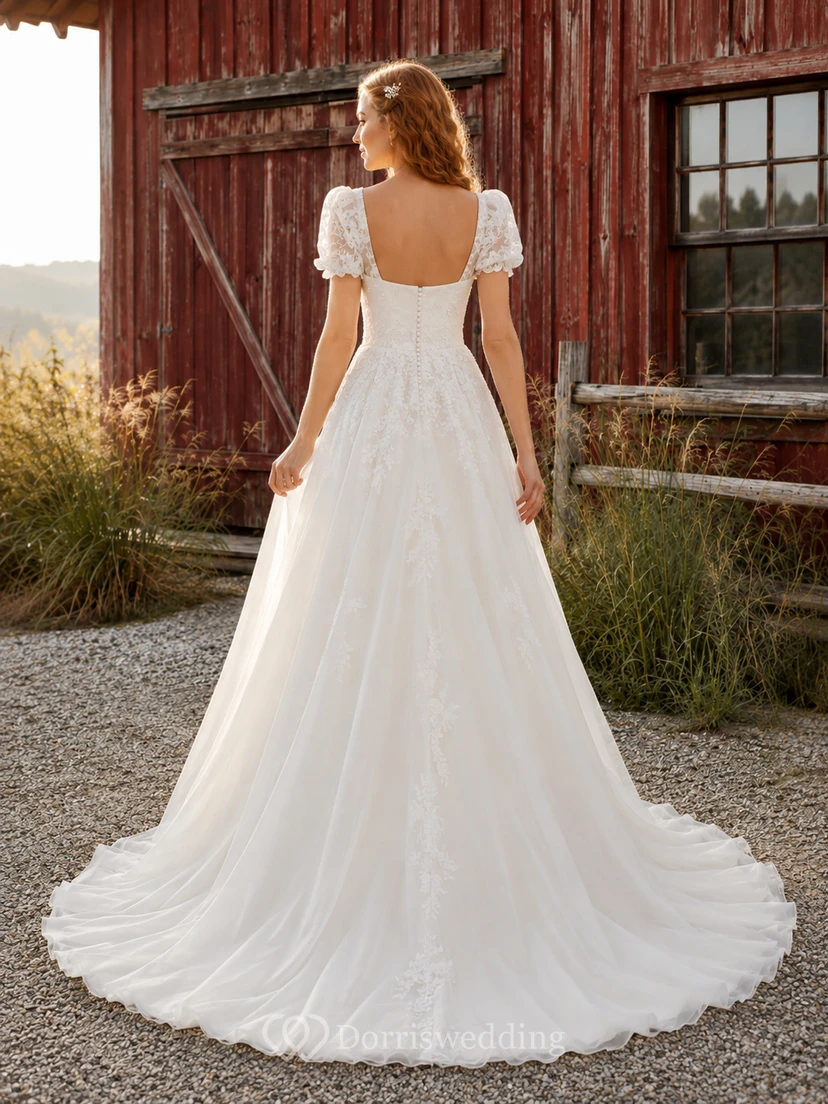 Brautkleid aus Chiffon im Landhausstil, A-Linie, eckiger Ausschnitt, Puffärmel, bodenlang, tiefer V-Ausschnitt am Rücken view 2
