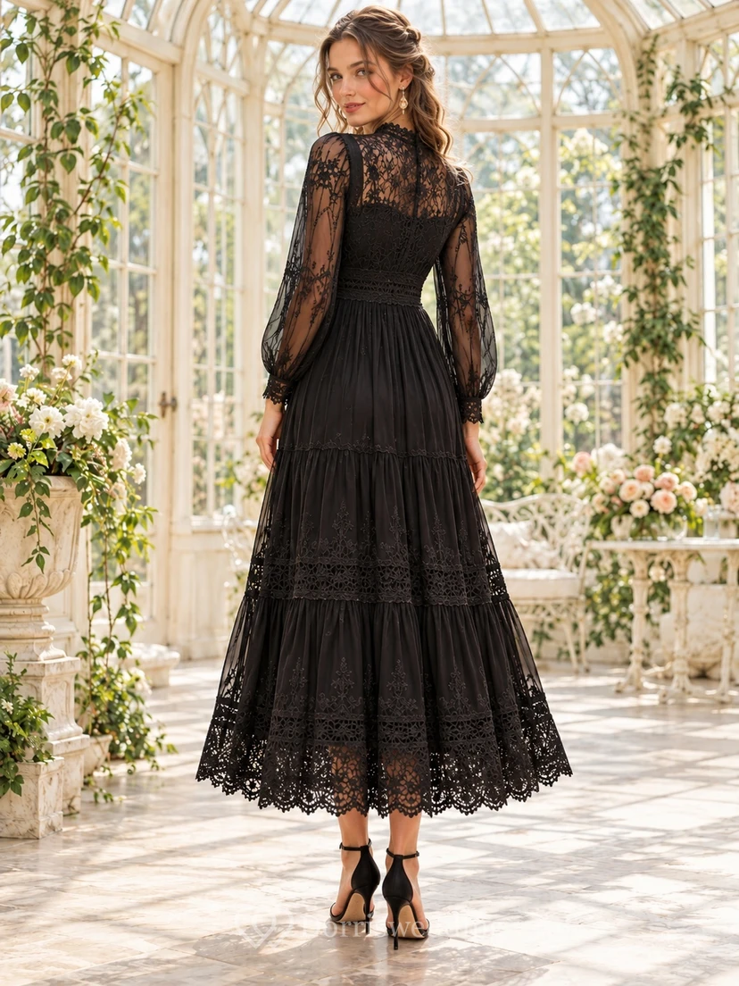 Boho Black High Neck Long Lace Sleeve Midi Guest Dress view 2