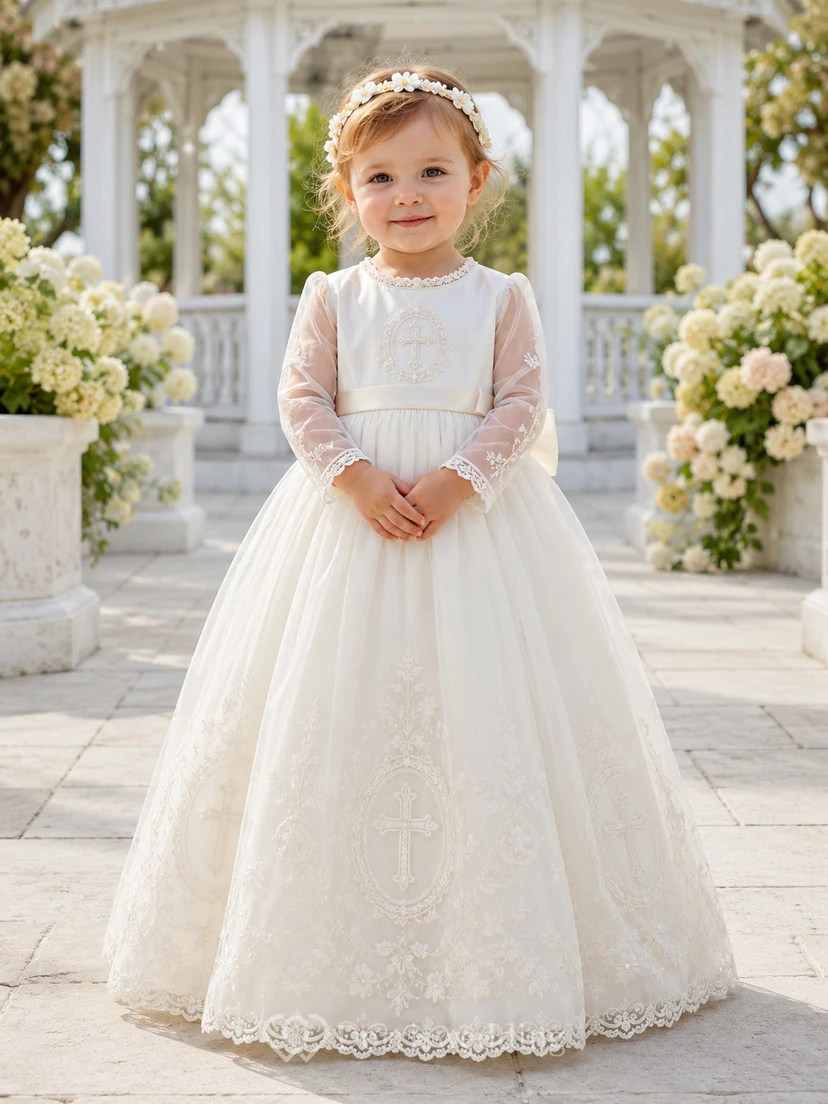 Cross Embroidered Christening Gown A-Line Tulle Satin Jewel Neck Sleeveless view 2