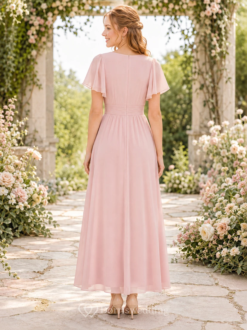Blushing pink modest short sleeve chiffon ankle length junior bridesmaid dress view 2
