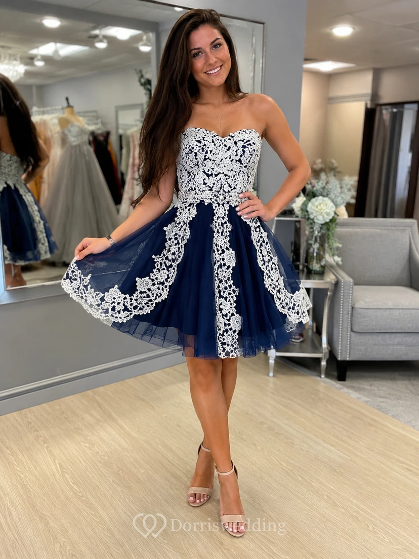 Ärmelloses, kurzes Mini-Abendkleid in A-Linie aus Spitze und Tüll mit Herzausschnitt, offenem Rücken und Reißverschluss view 8