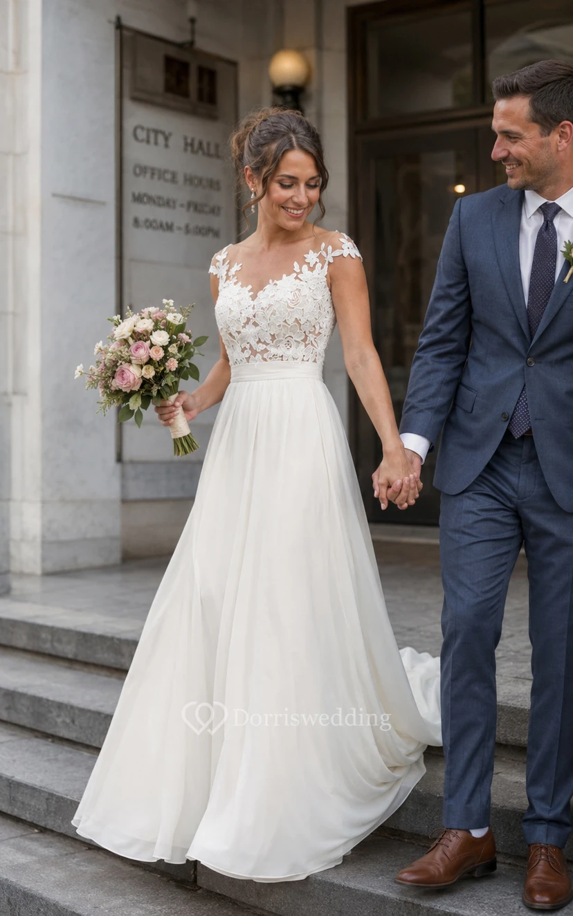 Robe de mariée en mousseline blanche à manches courtes et dentelle illusion, coupe trapèze view 10