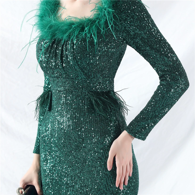 Craft-Made Ostrich Feather Long-Sleeved Beads Evening Dress view 42
