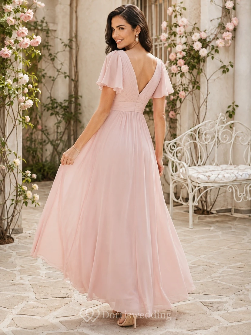 Romantic Short Sleeve V Neck Chiffon Floor Length A-Line Engagement Dress view 2