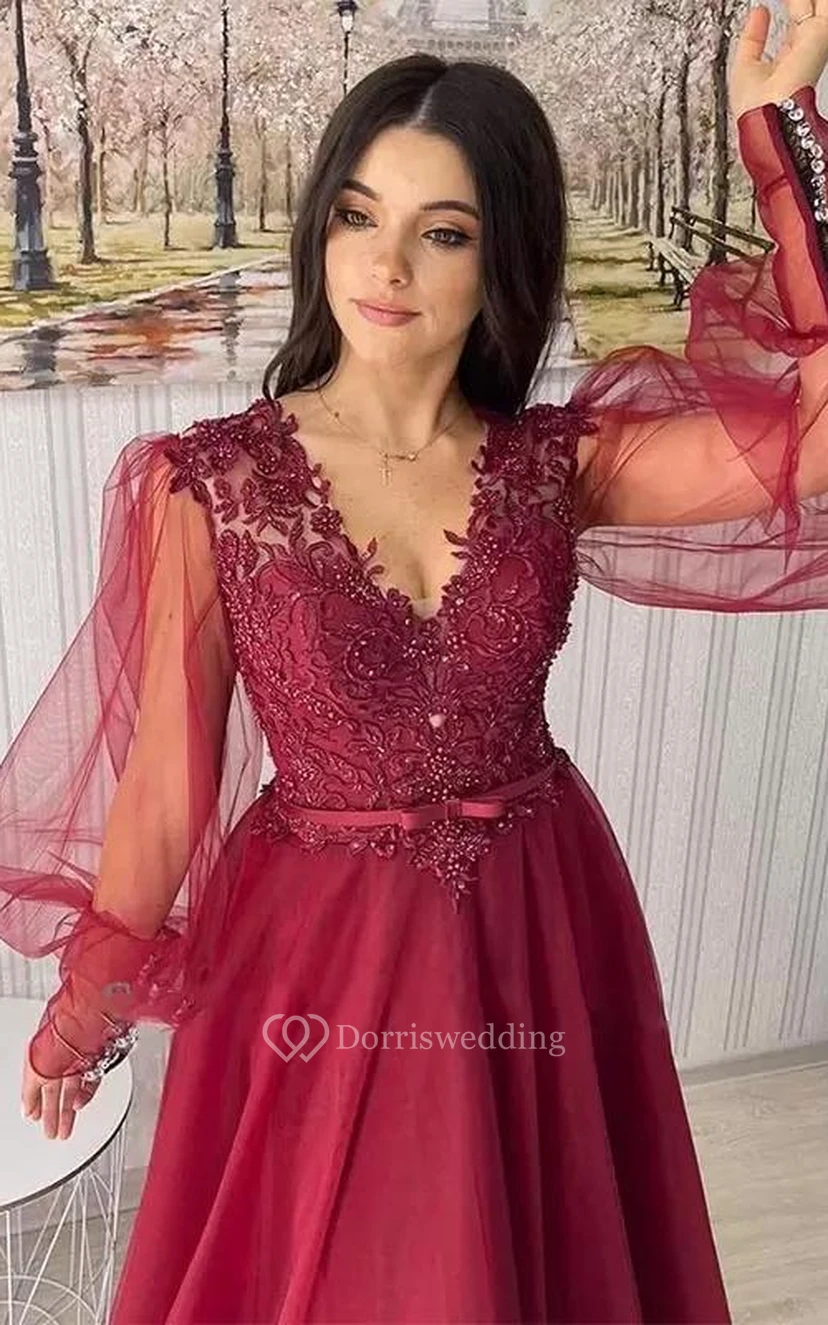 Vestido de fiesta de corte A con escote en V, mangas largas abullonadas y detalles de pedrería. view 3