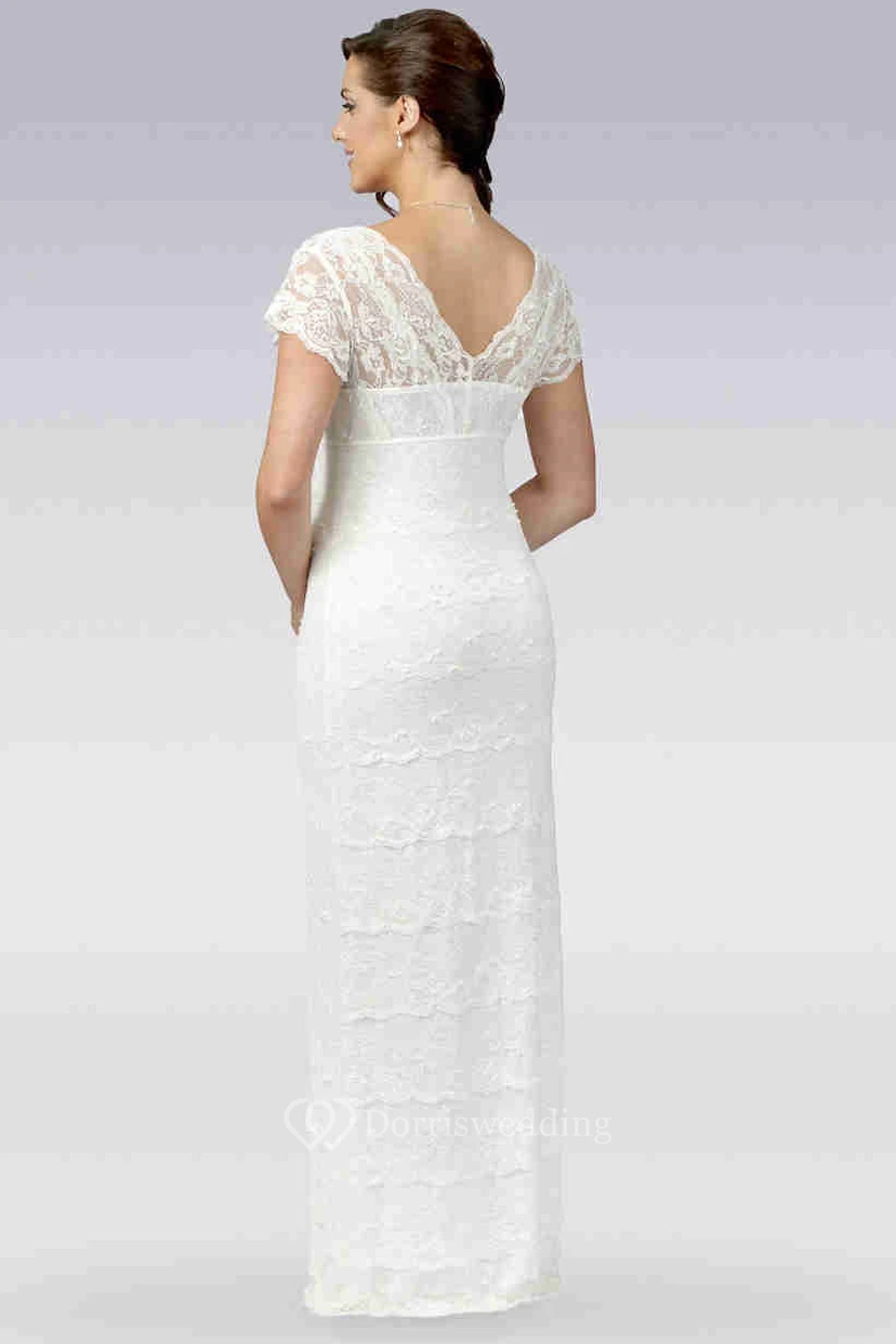 Sheath V-Neck Cap-Sleeve Lace Wedding Dress view 2