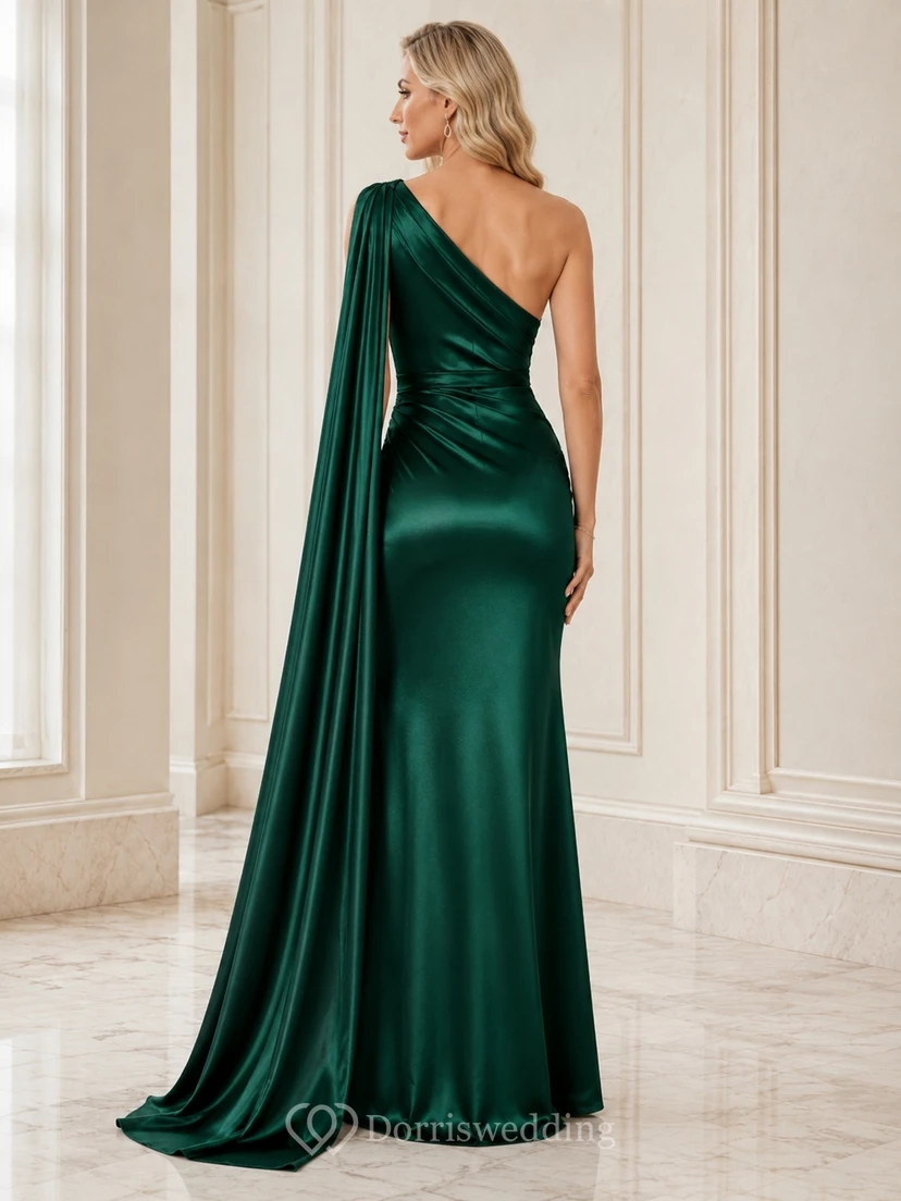 Dark Green Satin One-shoulder Sleeveless Mermaid Floor-length Sweep Train Cape Evening Gown view 2