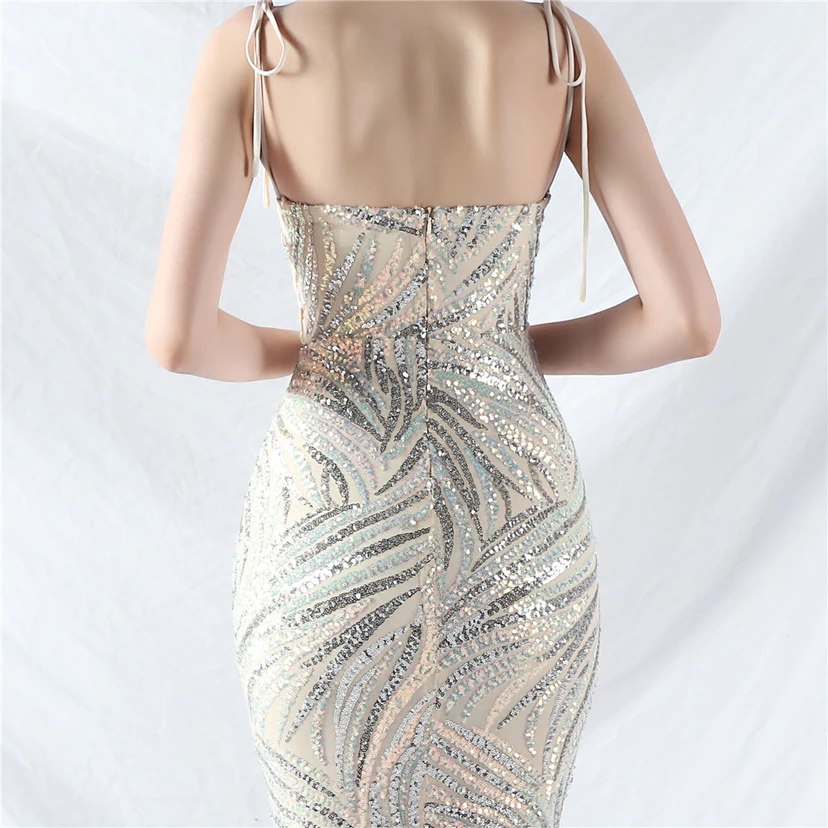Vestido de noche con tirantes, top tipo tubo y lentejuelas apiladas encriptadas, con método de doble atado de cuerda. view 26