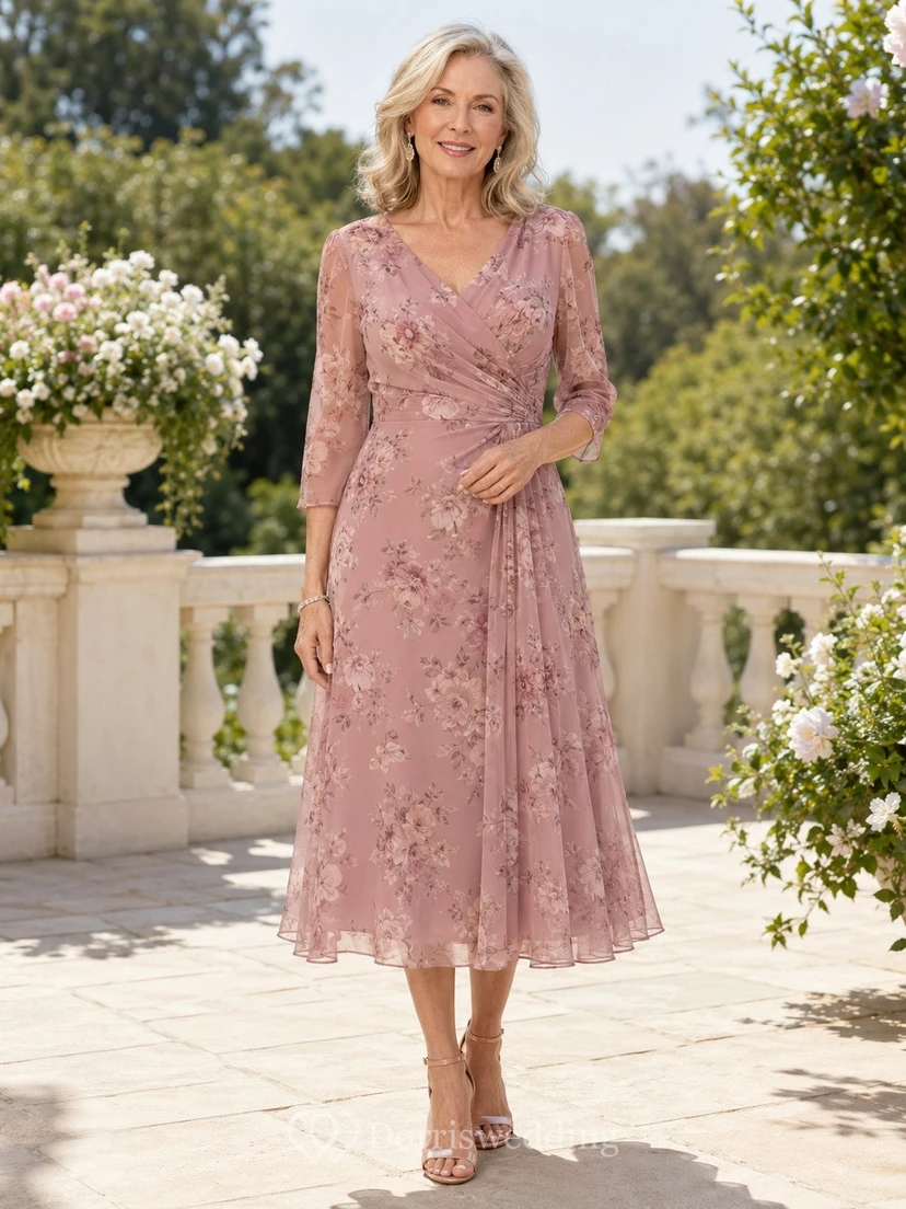 Robe de mère de la mariée, style modeste, à fleurs, manches trois-quarts, longueur thé, manches trois-quarts, idéale pour les