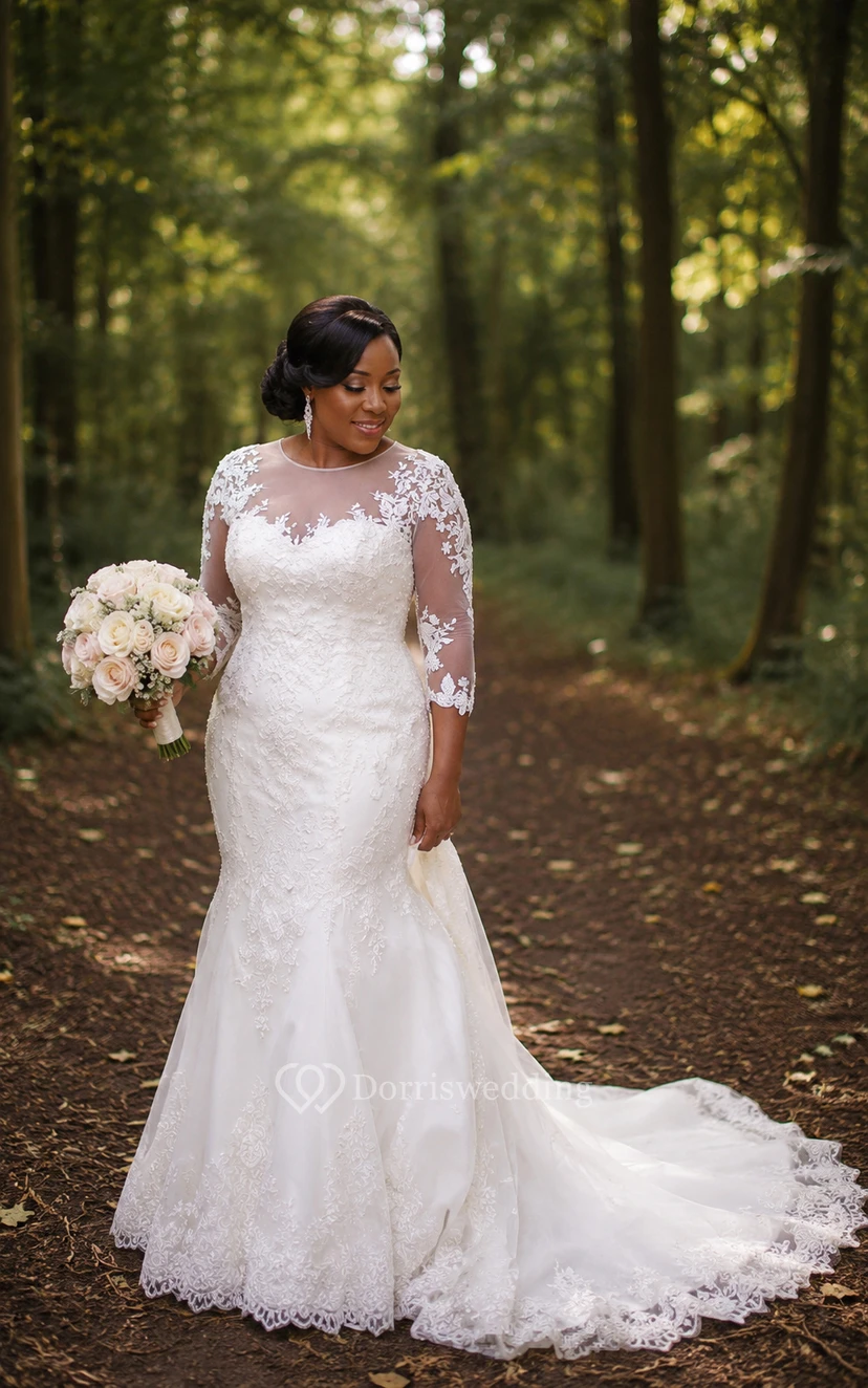 White Plus Size Long Sleeve Lace Mermaid Wedding Dress view 9