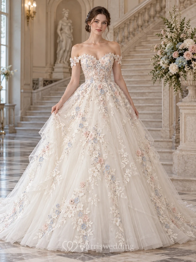 Off Shoulder Floral Corset Tulle Chapel Train Ball Gown Wedding Dress