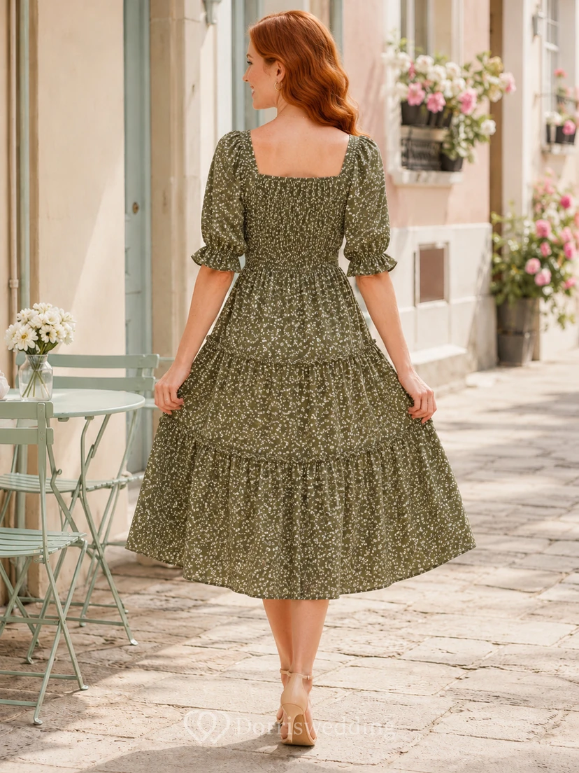 Olive Floral Square Neck Puff Sleeve Tiered Dress view 2