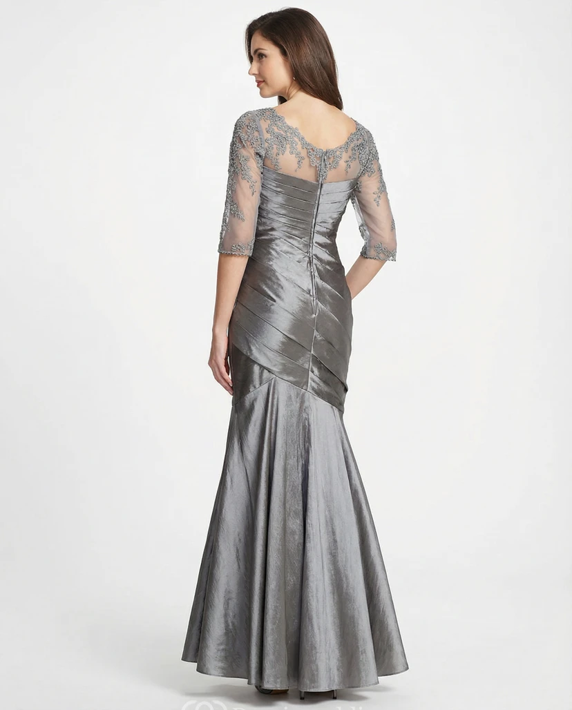 Charcoal Metallic Mermaid Evening Dress with Ruched Bodice and 3/4 Lace Sleeves view 2