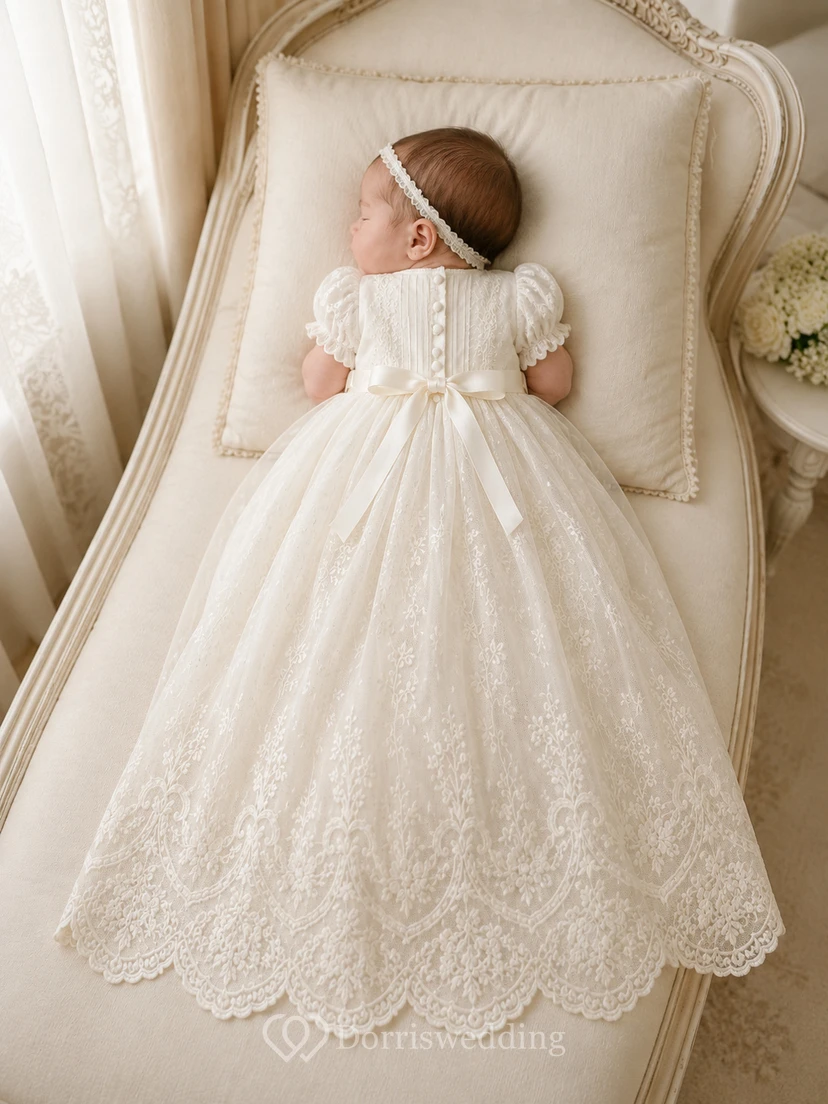 Taufkleid mit geschwungenem Spitzensaum, A-Linie, Tüll, Rundhalsausschnitt, kurze Ärmel view 2