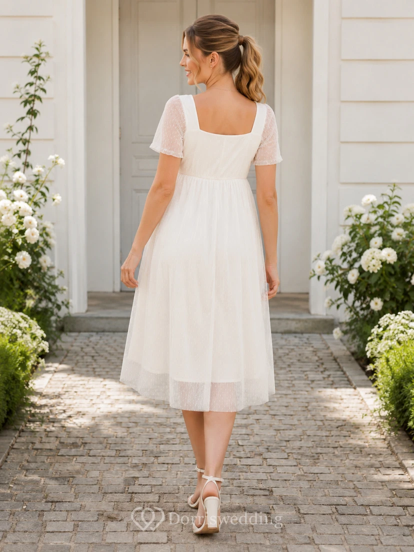 Maternity Square Neck Short Illusion Lace Sleeve Tulle Empire Tea Wedding Dress view 2
