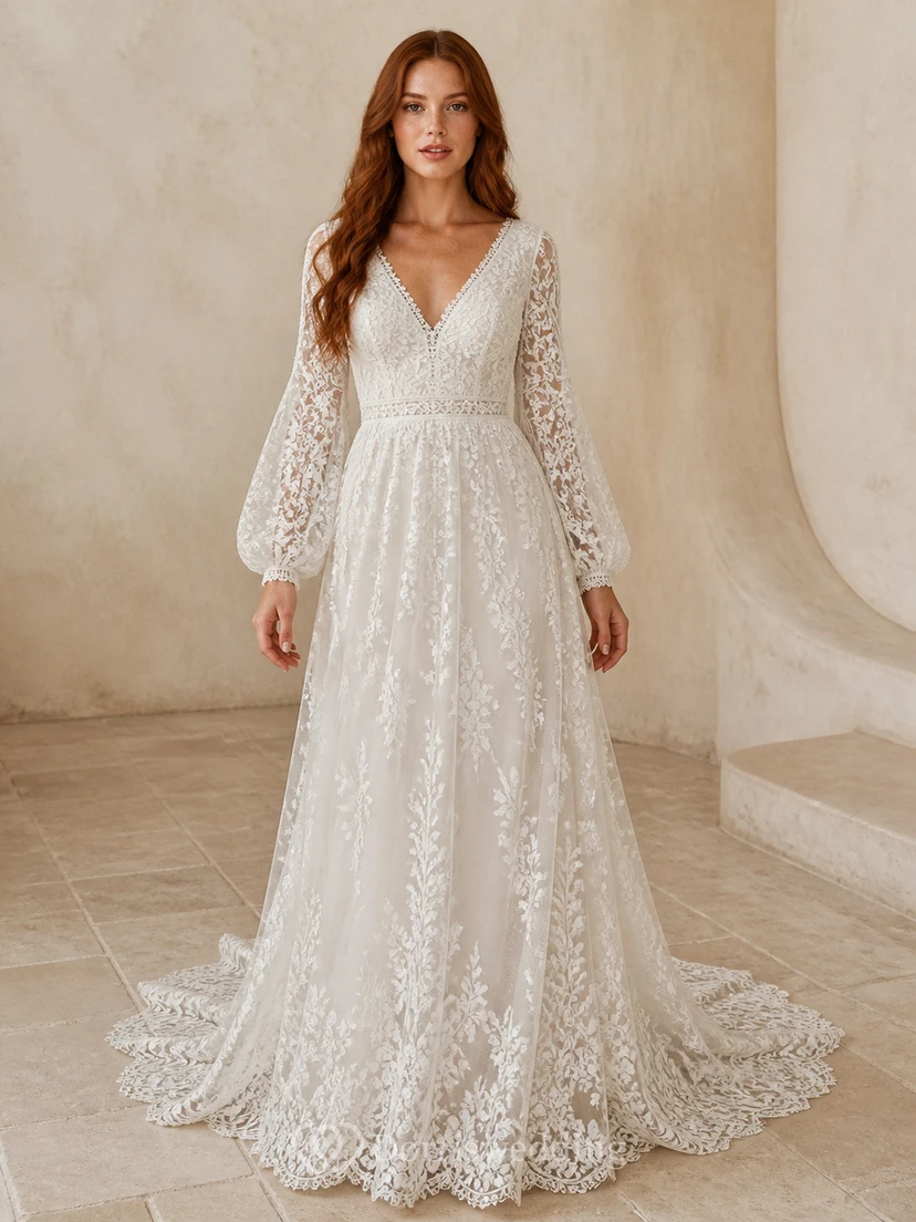 Vestido de novia bohemio de manga larga, corte A, escote en V, encaje de enredadera y cola catedral.