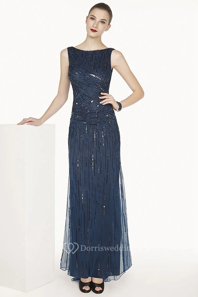 Bateau Tulle Long Prom Dress With Sequins And Cowl Open Back