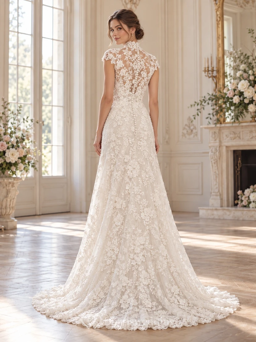 High Neck Cap Sleeve Floral Lace Fitted Train Wedding Dress view 2