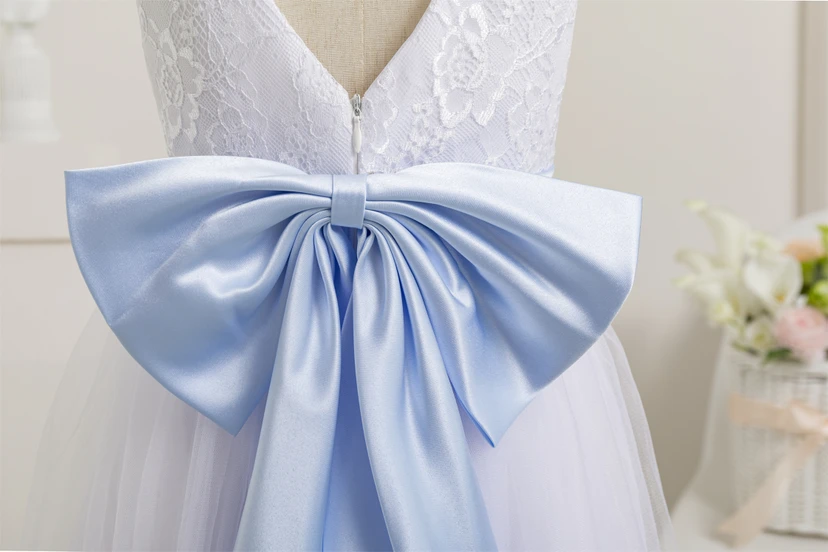 White Scoop Sleeveless Tulle A-line Communion Dress with Back Bow view 8