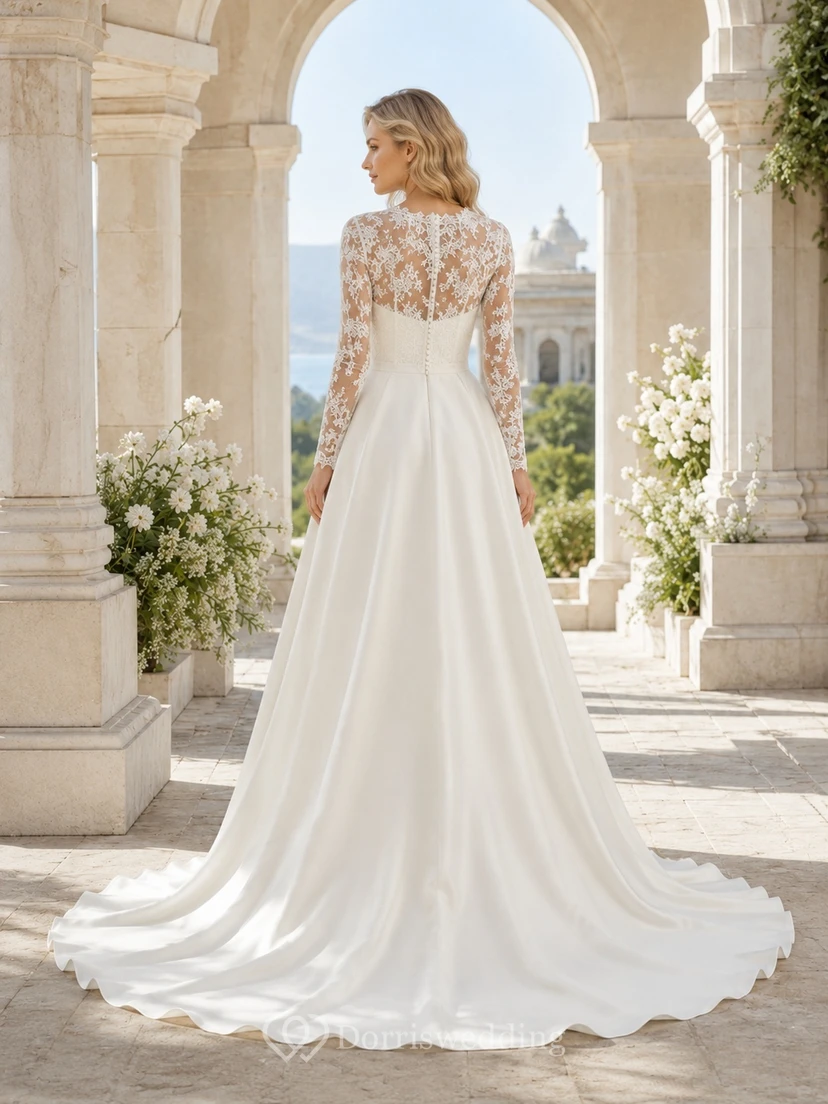 Elegantes Brautkleid mit langen Ärmeln, Spitzenbesatz, Muschelkanten, A-Linien-Schleppe und Kapellenschleppe view 2