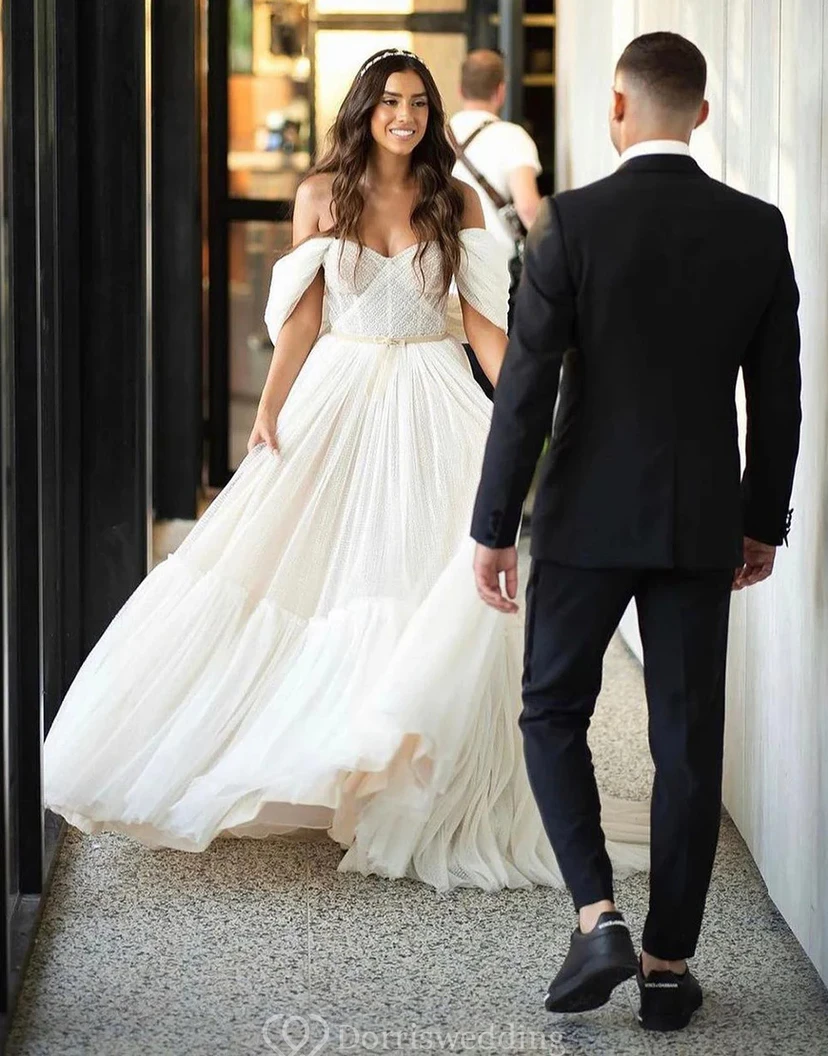 Modern Off-Shoulder Tulle Wedding Dress with Tiered Skirt view 4