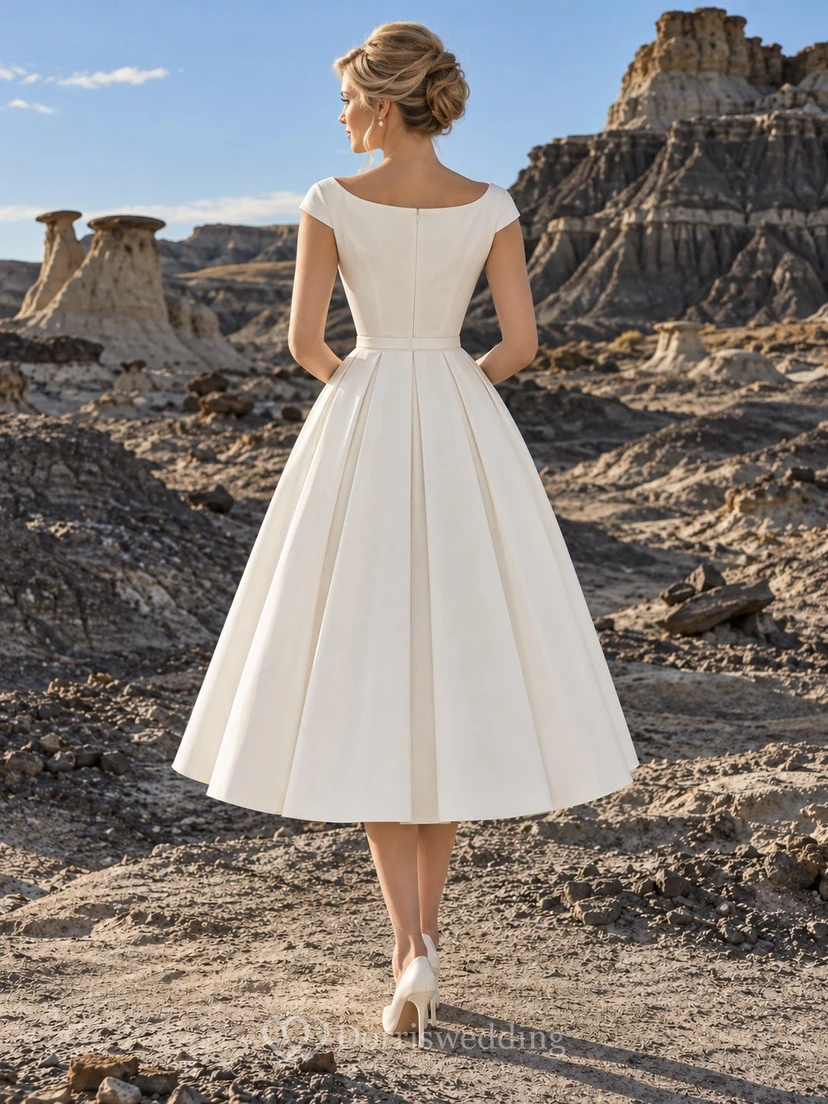 Vestido de novia vintage de popelina de algodón plisada, corte en A, largo hasta la rodilla, cuello barco, manga corta view 2