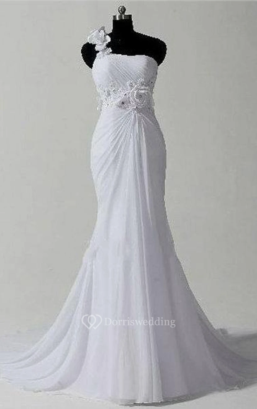 Robe sirène asymétrique sans manches à une épaule, longueur genou, ornée de fleurs et de fermeture éclair, en mousseline de soie.