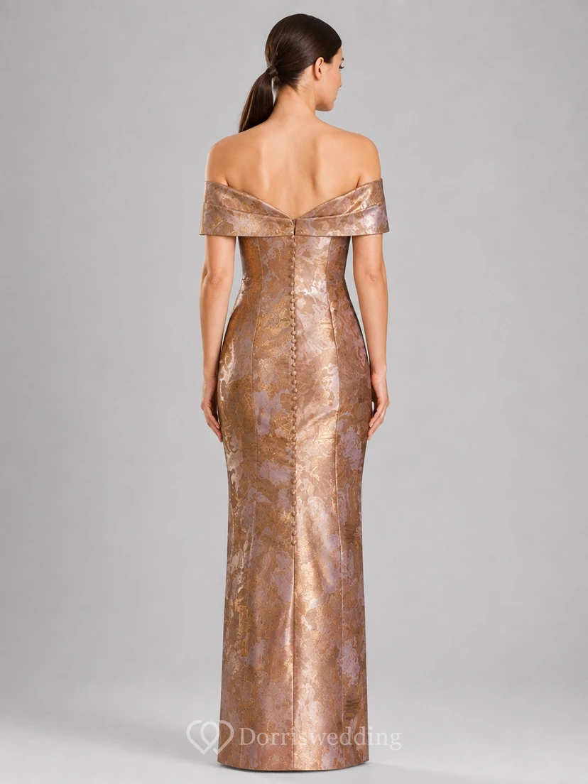 Taupe Taffeta Off-the-shoulder Sheath Short Sleeve Draped Peplum Formal Mother Gown view 2