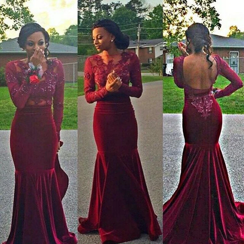 Gorgeous Long Sleeve Burgundy Evening Dresses Long Mermaid Lace Appliques view 2