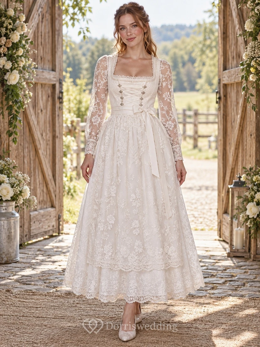 Robe de mariée Dirndl champêtre à manches longues et col carré en dentelle, tablier en dentelle