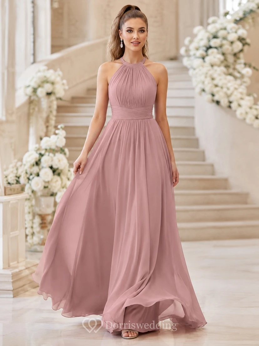 Romantic Dusty Rose Straps Sleeveless Tulle A-Line Floor-length Bridesmaid Dress