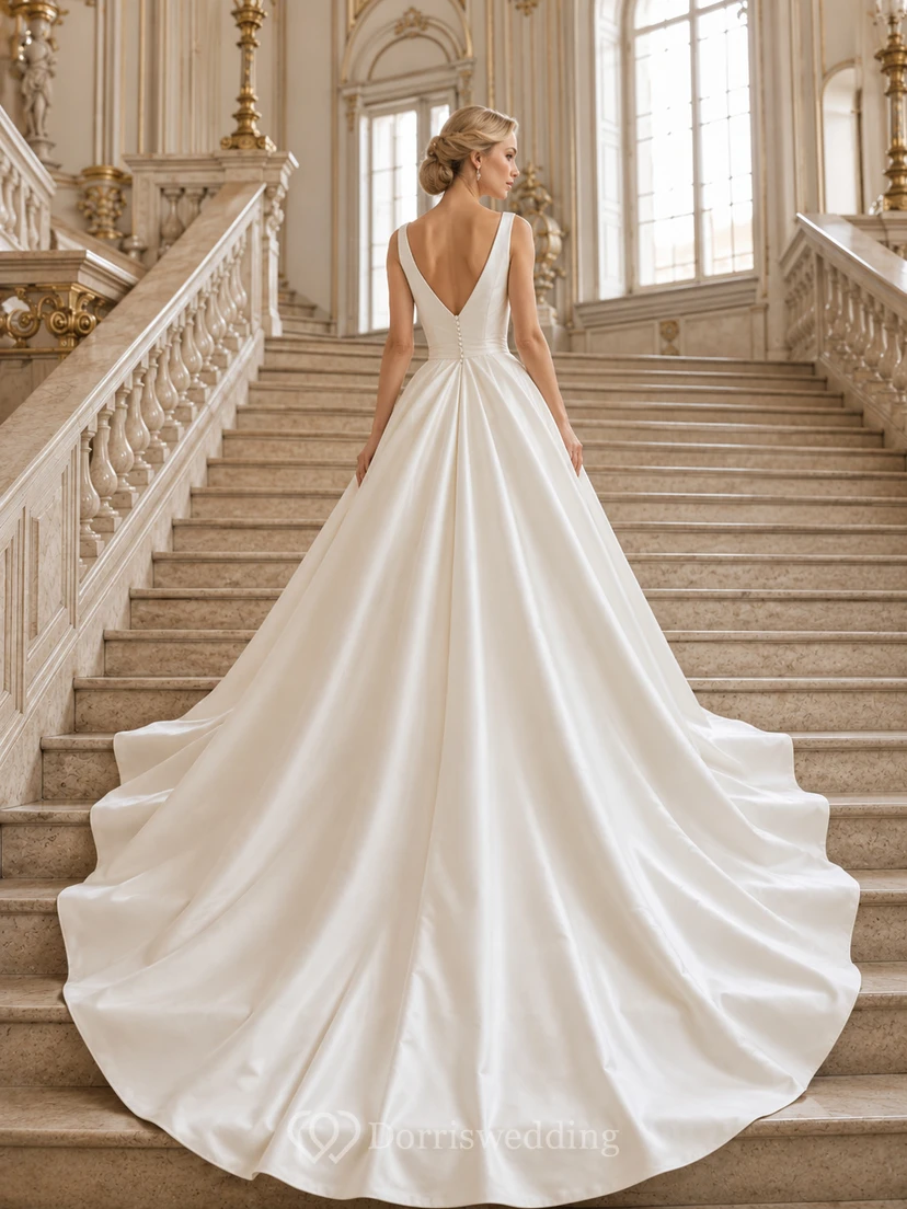 Robe de mariée minimaliste en satin, robe de bal, col bateau, sans manches, traîne chapelle view 2