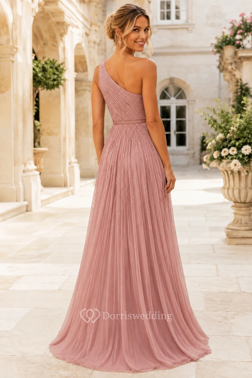 Dusty Rose One Shoulder Chiffon A-Line Bridesmaid Dress view 2