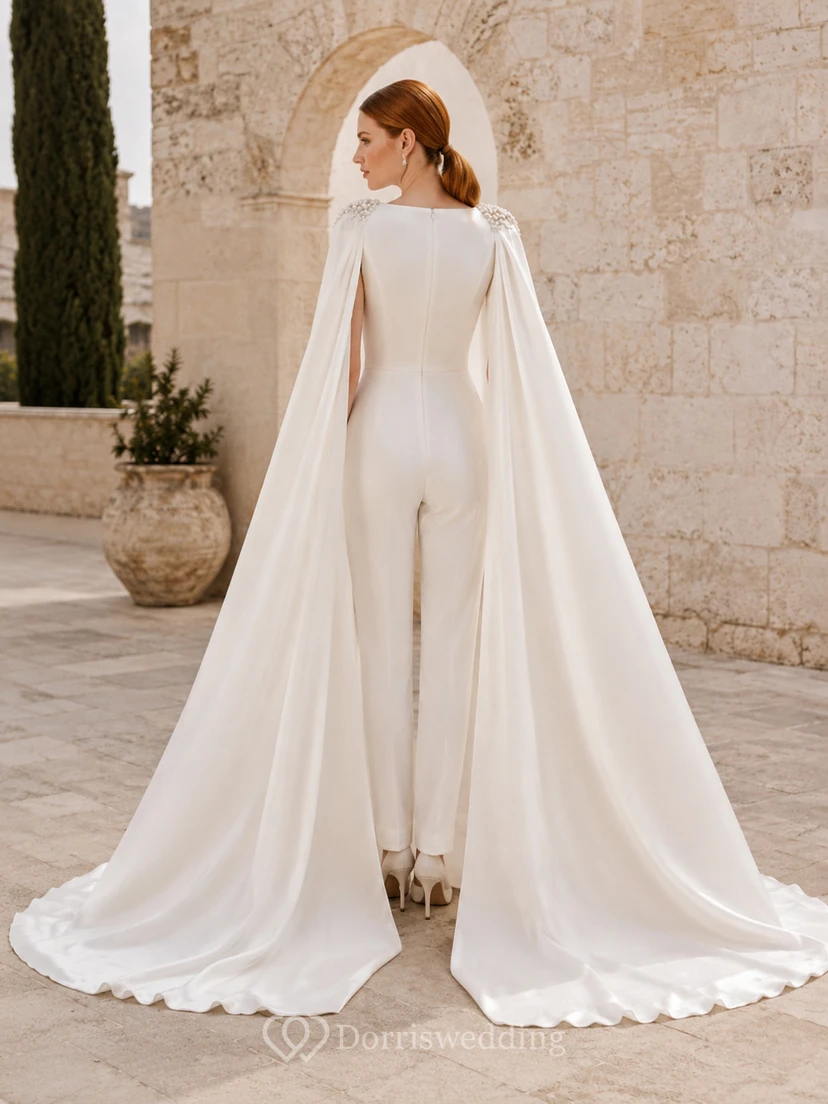 Minimalist Satin Chiffon Wedding Jumpsuit Bateau Neck Sleeveless Sweep Train view 2