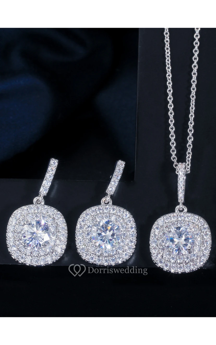 Elegant Square Shape Multiple Color Rhinestone Necklace and Earrings Jewelry Set view 3
