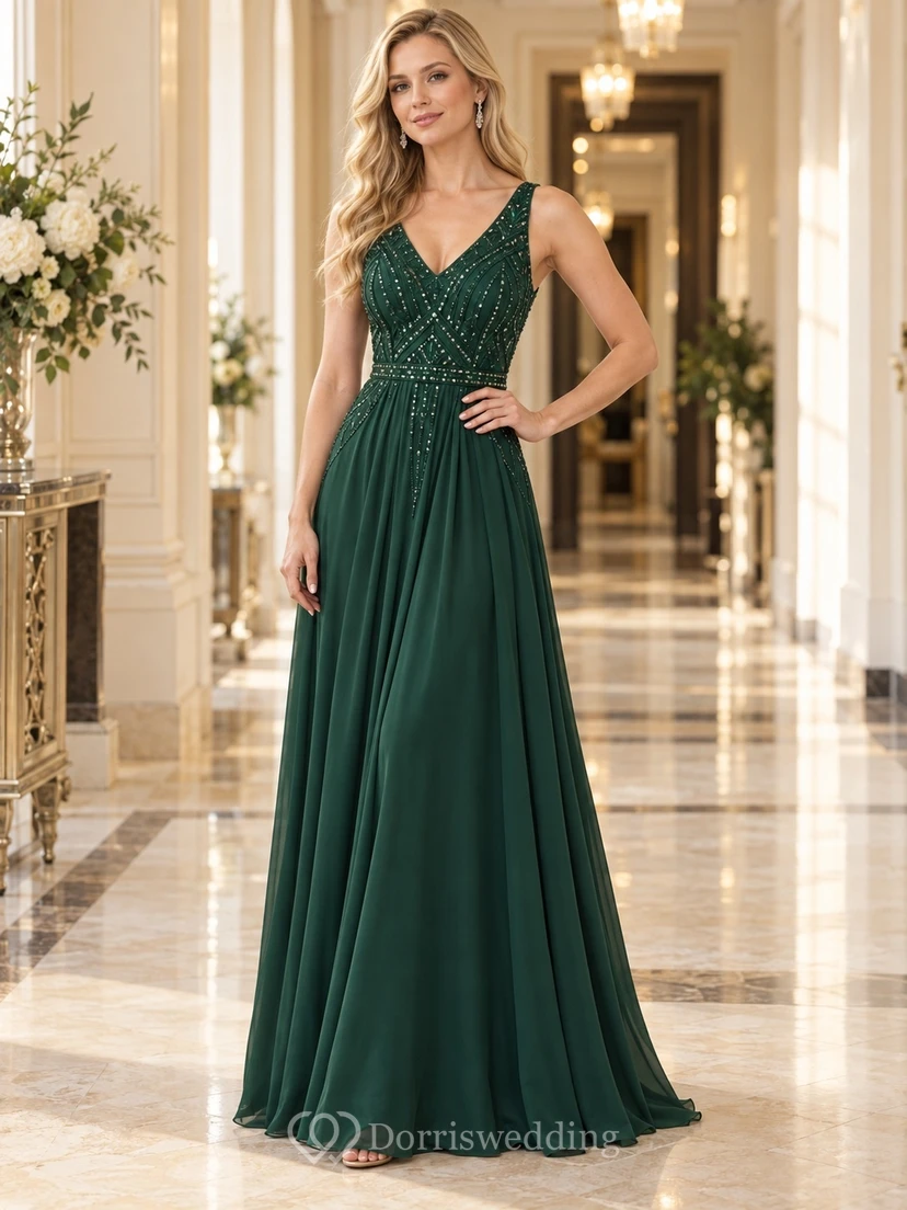 Vintage dunkelgrünes, ärmelloses, langes Brautjungfernkleid aus Chiffon mit A-Linien-Profil, V-Ausschnitt und geometrischer Perlenstickerei