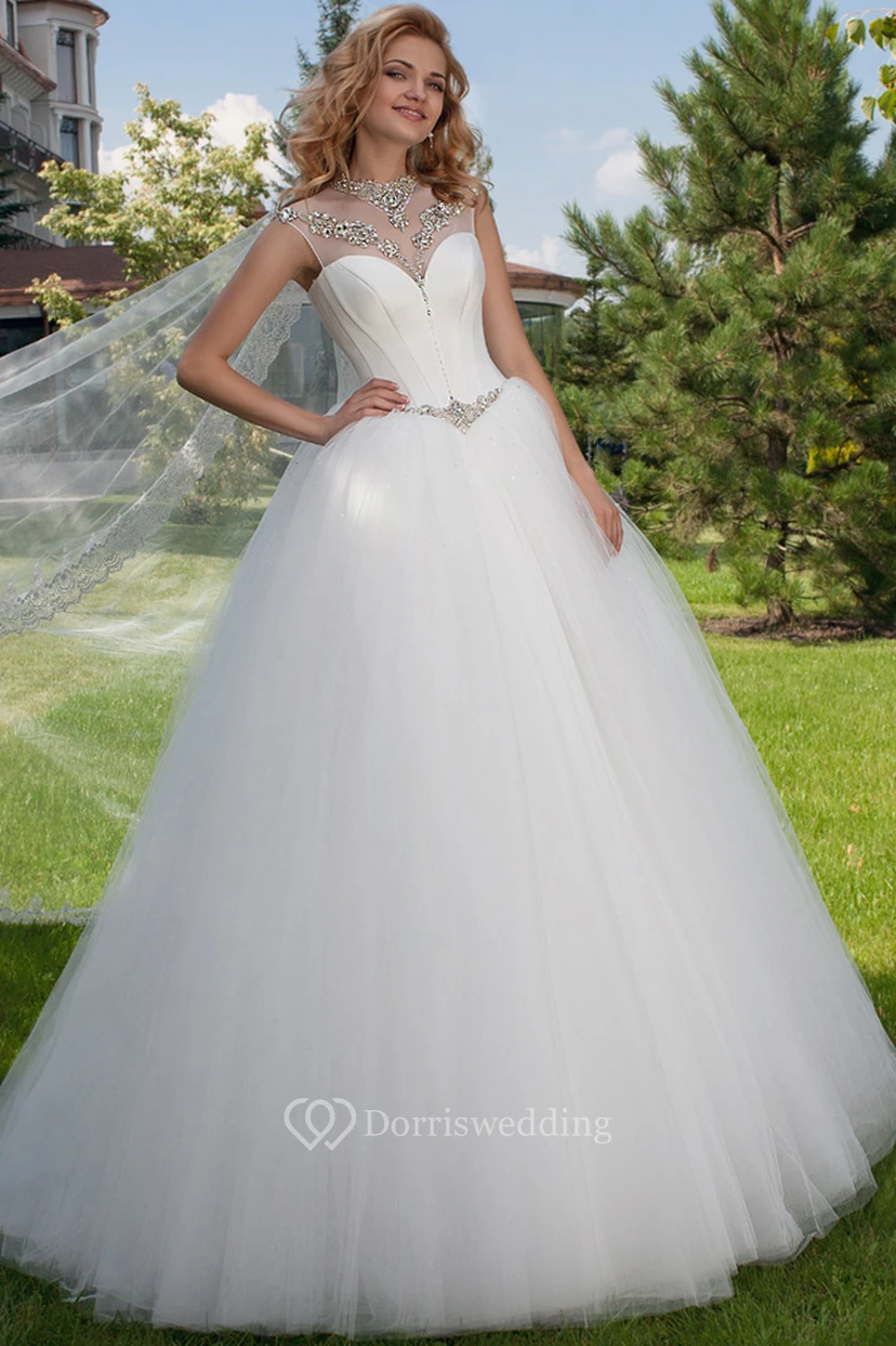 High Neck Maxi Beaded Tulle Wedding Dress With Court Train And Corset Back
