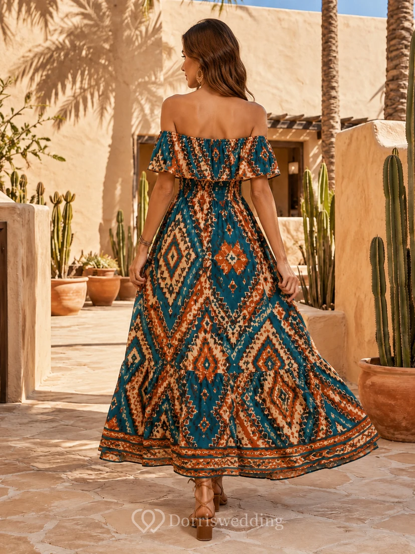 Vestido midi de corte A con volantes y hombros descubiertos de color verde azulado con estampado tribal view 2