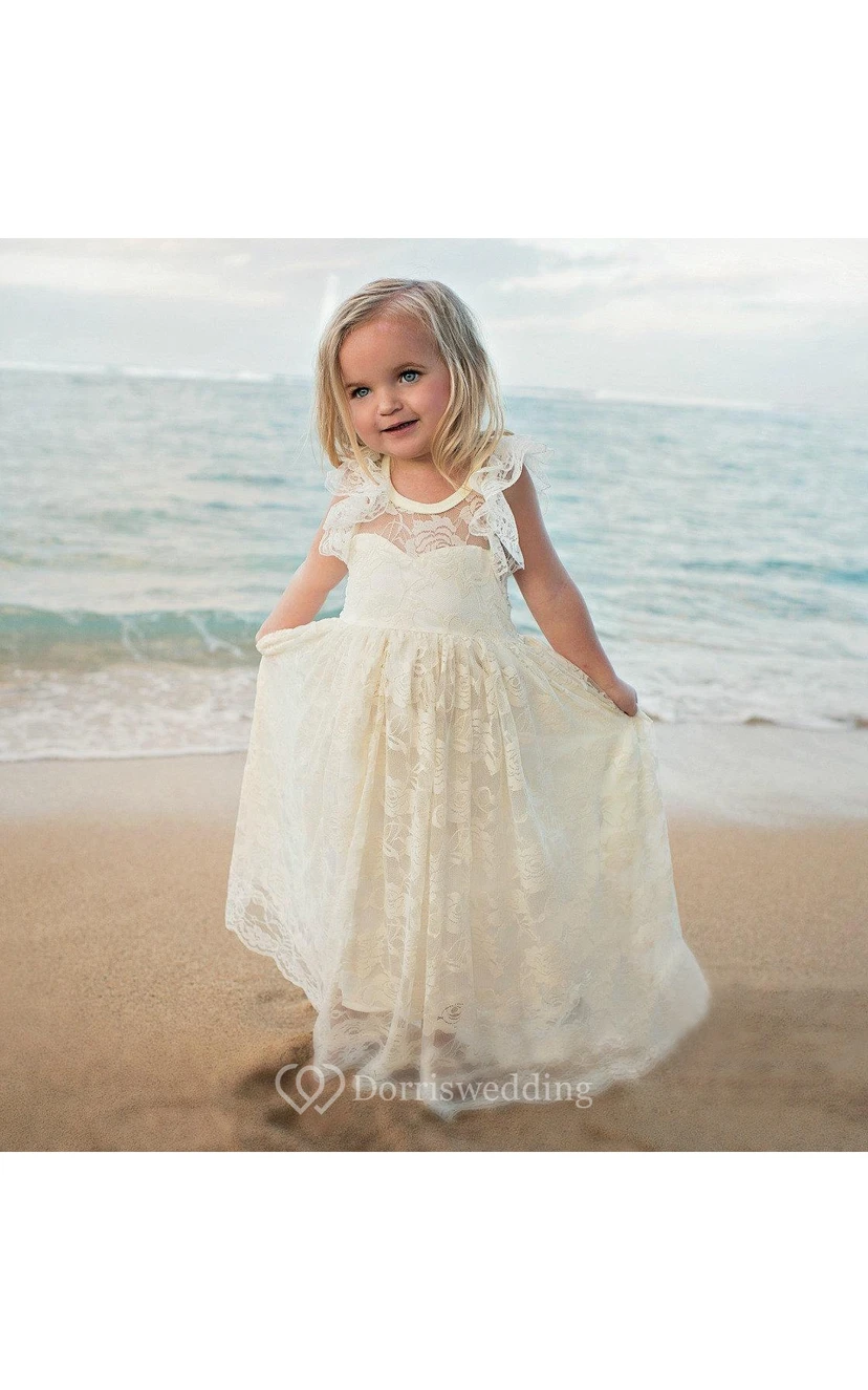 Flower Girl Scoop Neckline Allover Lace Floor Length Dress view 2