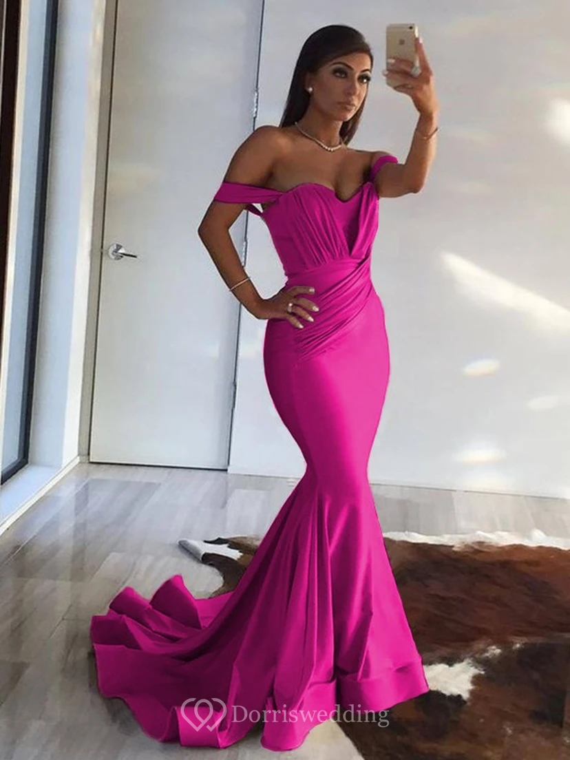 Sexy Mermaid Off-the-shoulder Sheath Champagne Ruched Evening Prom Dress view 7