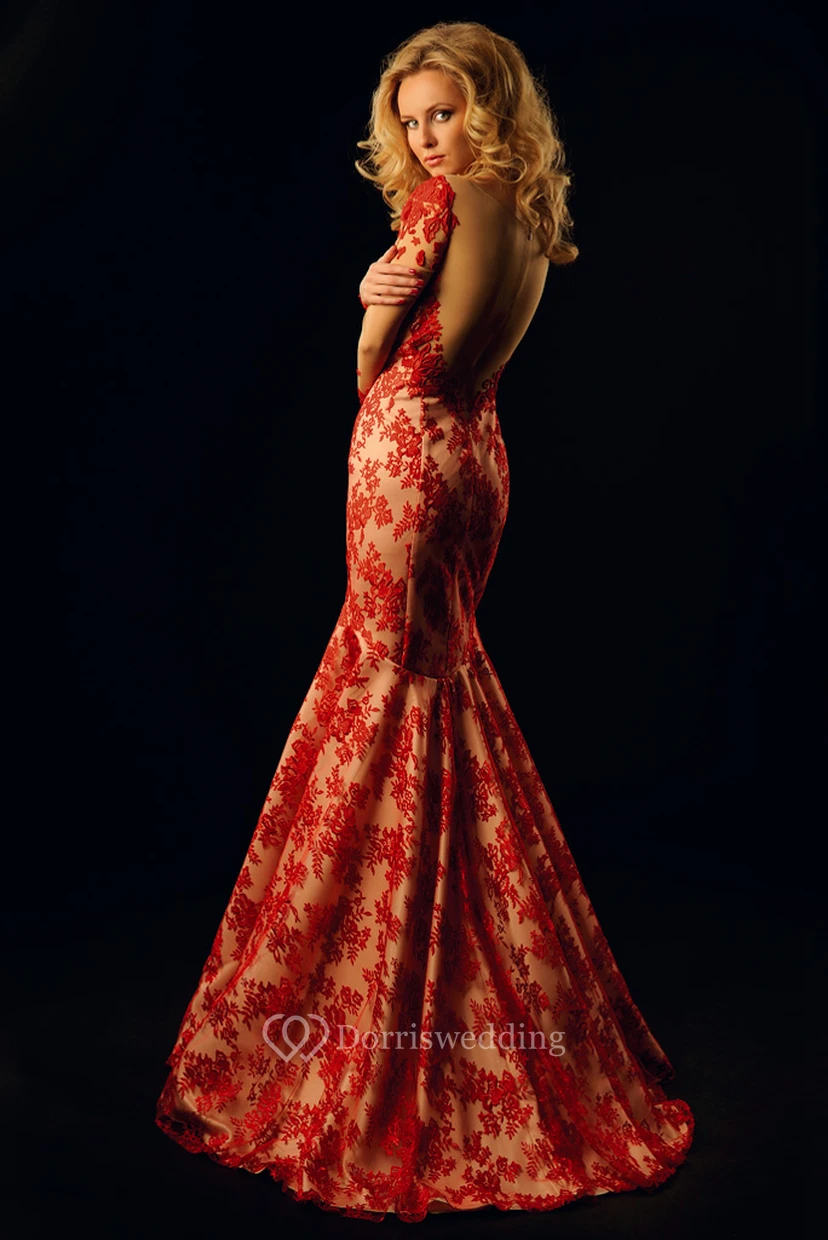 Trumpet Long-Sleeve Appliqued Long Bateau Lace Prom Dress With Illusion Back And Brush Train view 2
