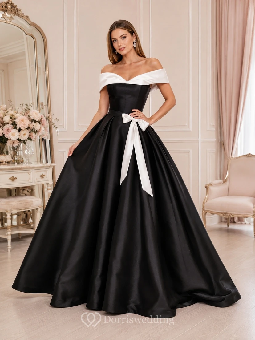 Vintage Black White Satin Ball Gown Floor-Length Off-Shoulder Bow Back Formal Dress